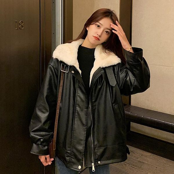 

women's jackets warm black thicken women winter jacket artificial leather fur loose street style motorcycle zipper oversize coat outfit, Black;brown