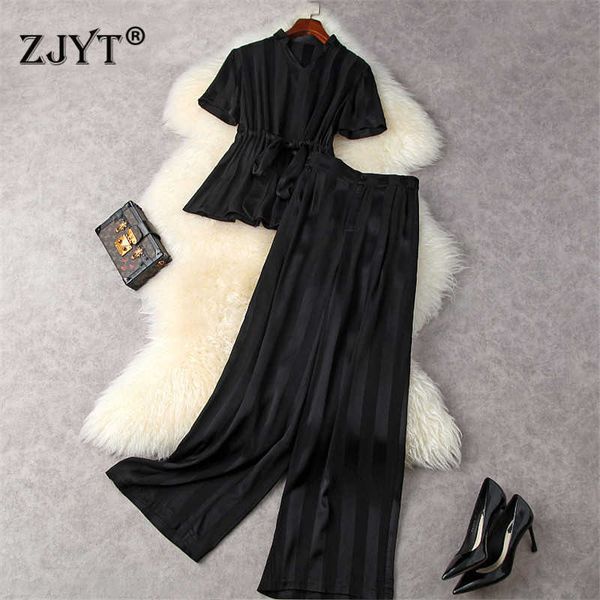 

summer pants suit 2 piece set women designers fashion short sleeve striped blouse+trousers office lady black outfit 210601, White