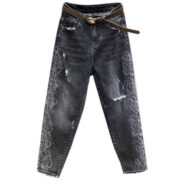 

heavy embroidery jeans women 2021 autumn high waist loose hole harem pants plus size women's, Blue