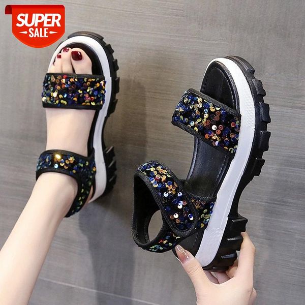 

summer chunky sandals women wedge high heels shoes female buckle platform leather casual slippers woman sandal #d21y, Black