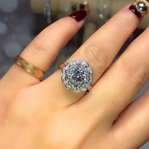 

luxury female round crystal open big ring charm silver color wedding rings for women trendy white flower zircon engagement, Slivery;golden