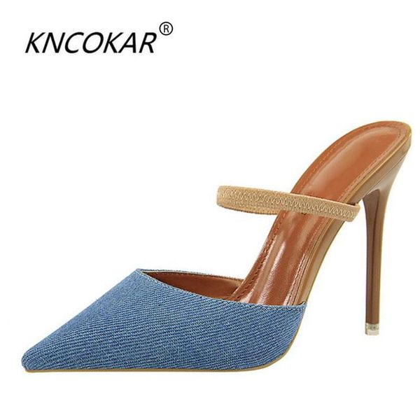 

dress shoes kncokar2021 skinny slippers with heels and stilettos thin, pointed denim women's slipper sandals, Black