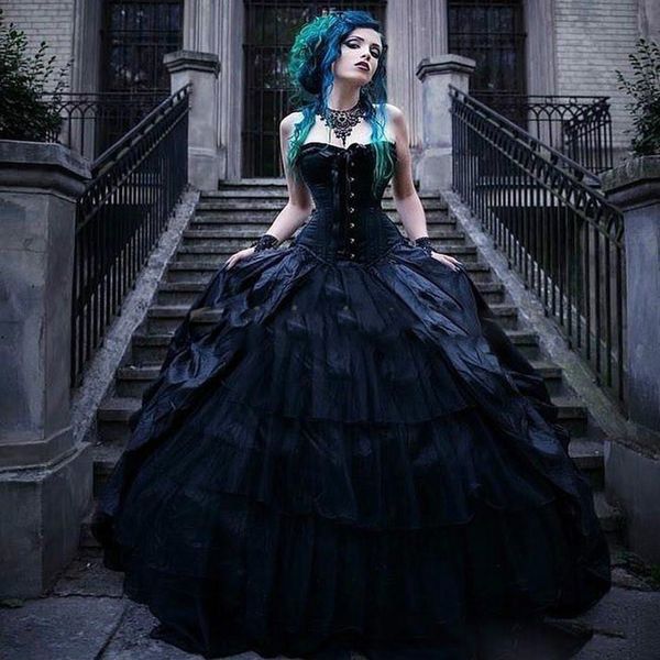 

vintage black victorian gothic civil ball gown wedding dresses corset strapless princess punk style country bride dress plus size tiers skir, White