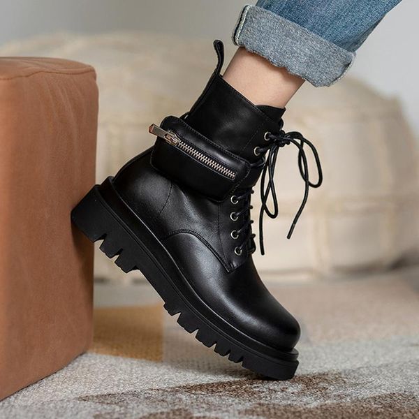 

boots qzyerai genuine leather winter shoes women pupular safty high thick bottom platform pocket, Black