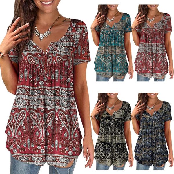 

women's blouses & shirts summer women blouse v-neck collar vintage elegant 3d printed short sleeve fold pulloverÂ blouse bluzki, White