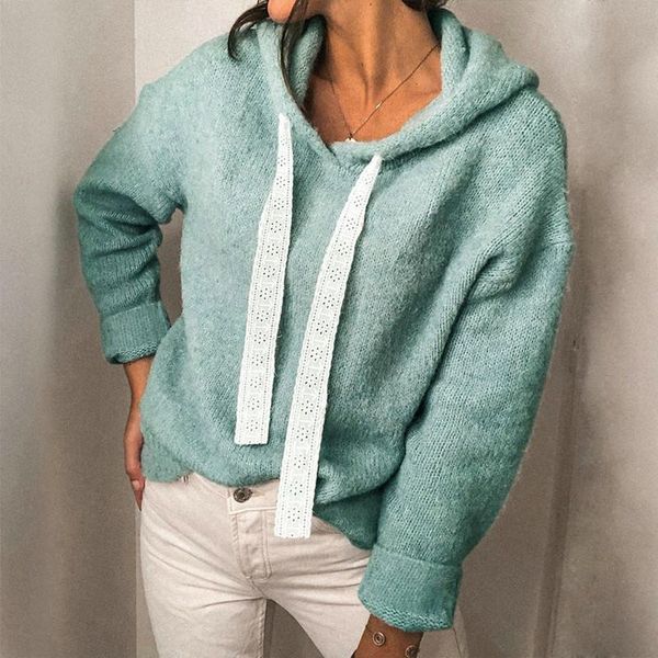

women's hoodies & sweatshirts autumn winter women solid lace drawstring hooded sweatshirt 2021 casual long sleeve knitted pullover lady, Black