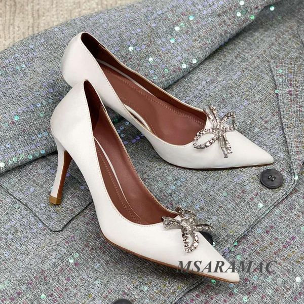 

dress shoes white silk pointed toe crystal bow high heels with leather lining women party all season designer, Black