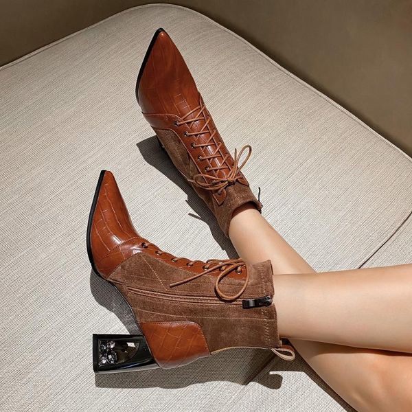 

dress shoes 2021 spring and autumn leather retro boots women medium thick heel lace short wild tide x258, Black