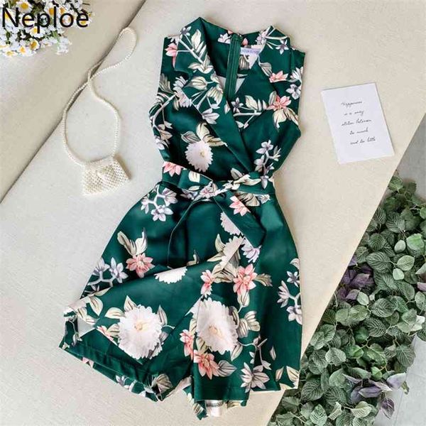 Flower Print Tangsuitsuits Donne Chic Chic Dichiarato Collare senza maniche Playsuits Fashion Sashes Ampia gamba Bodysuits femminili 49999 210422