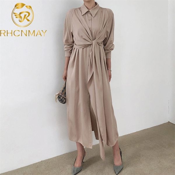 

spring autumn elegant chic lapel shirt dress women ol office solid long sleeve maxi es femme vestidos 210506, Black;gray