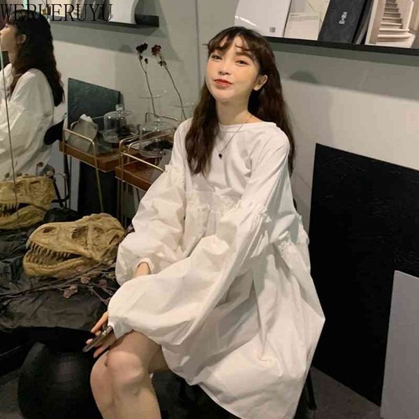 

werueruyu plus size out solid dress women casual white party dresses ladies spring and autumn oversize long sleeve 210608, Black;gray