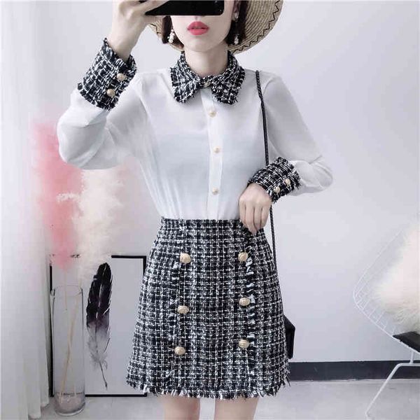 

two piece dress women's suit, fashionable, with tweed tassels, chiffon + mini wool skirt, old buttons, White