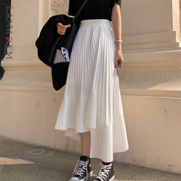 

lanmrem solid color elastic high waist stitching ruffled irregular pleats woman skirt simple fashion autumn new tv518 210408, Black