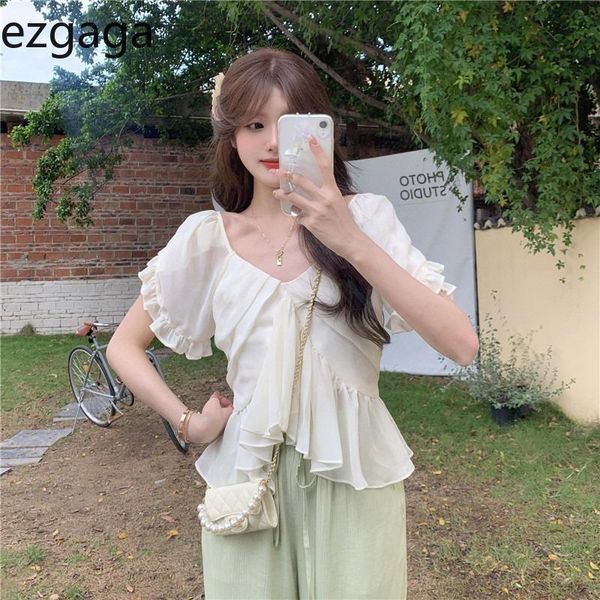 

women's blouses & shirts ezgaga women blouse v-neck short sleeve ruffles slim summer 2021 korean fashion female solid sweet all-match c, White