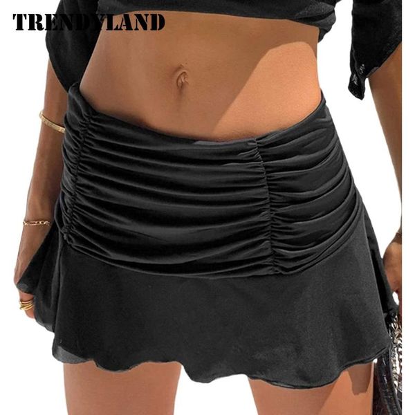 

trendying skirts women ruched ruffle skirt solid color stretch pleated mini girl's tennis ladies designer wear, Black