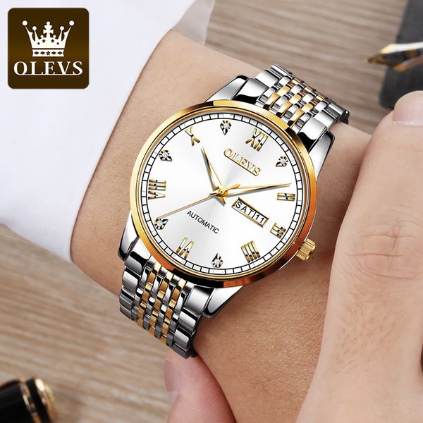 

olevs 6602g men classic automatic mechanical clock closed business steel tape skeleton, Slivery;brown