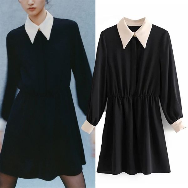 

contrast black mini dress women vintage long puff sleeve short woman elastic waist office ladies elegant es 210519, Black;gray