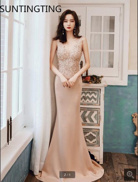 

party dresses vestido de festa champagne satin mermaid evening dress v neck sheer back lace appliques beaded gowns 9zcm, White;black