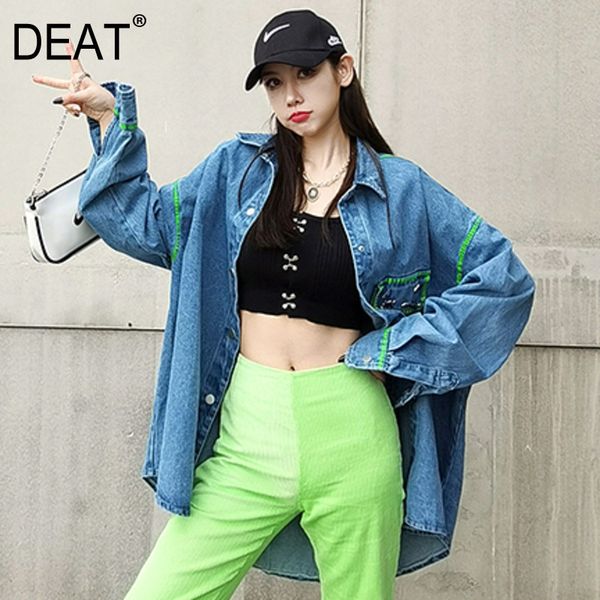 

deat women blue contrast color single breasted blouse new turn-down collar long sleeve loose shirt fashion summer 7e7762 210428, White