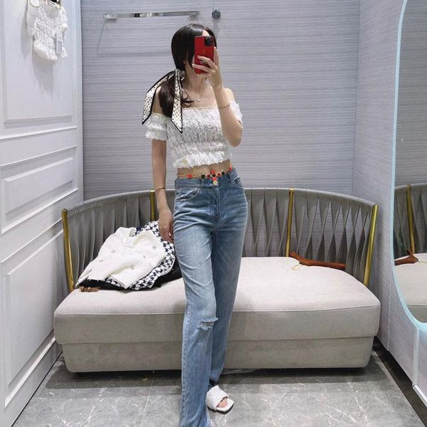 

women's jeans 2021 spring/summer look casual high-waisted straight barrel open-cut cut-out drag, Blue