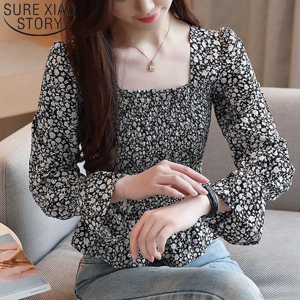 

spring elegant slim waist ruffles floral square collar ruffle sleeve women blouse female blouse blusas 8856 50 210527, White