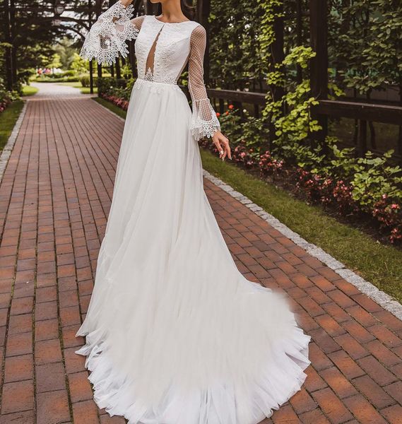 Mangas compridas Um vestidos de casamento de linha apliques lace vestido nupcial ilusão feita sob encomenda Feito de varredura boho chique real iamge roubes de mariée