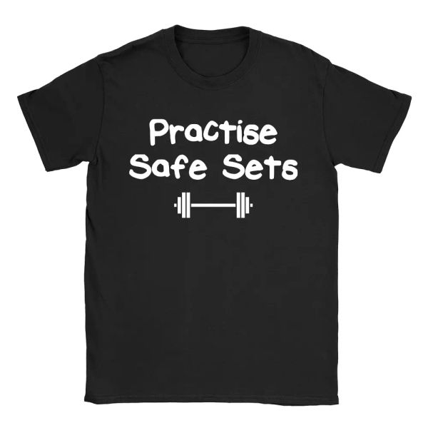 

practise safe sets mens t-shirt funny joke workout gym top, White;black