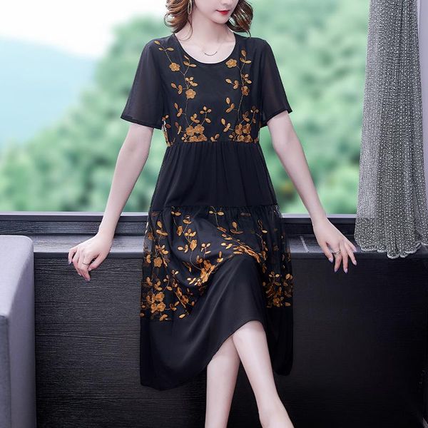 

casual dresses 2021 women 4xl plus size floral embroidery dress summer vintage chiffon mesh midi elegant bodycon party vestidos, Black;gray