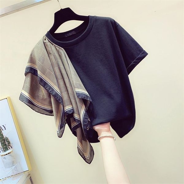 

women's short sleeves scarves patchwork cotton t-shirt summer tee girls pullover casual tees a2608 210519, White