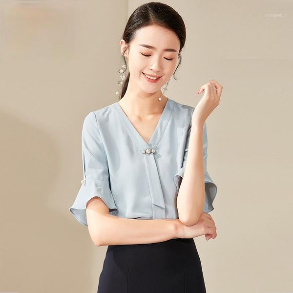 

women's blouses & shirts fashion generous 2021 beaded streamer v-neck loose fine machine short sleeve trumpet shirt, White