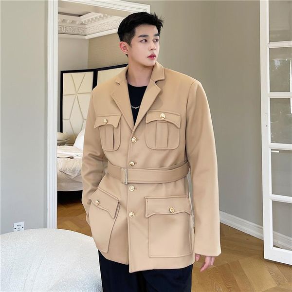 

men's jackets 2021 autumn winter korean style personality belt woolen men casual loose jacket men,m-xl, Black;brown