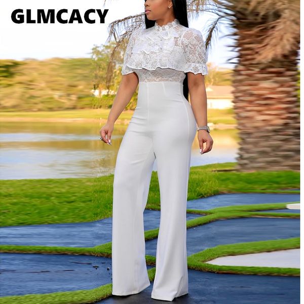 

3 colors women plus size lace splicing wide leg bodycon jumpsuit chic elegant solid slim overalls, Black;white