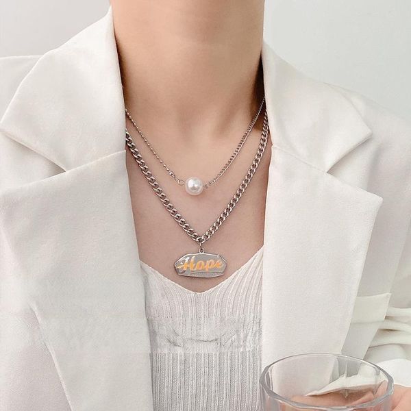 

pendant necklaces vsnow hiphop double-layer irregular geometric letter necklace for women chain imitation pearl metallic jewelry, Silver