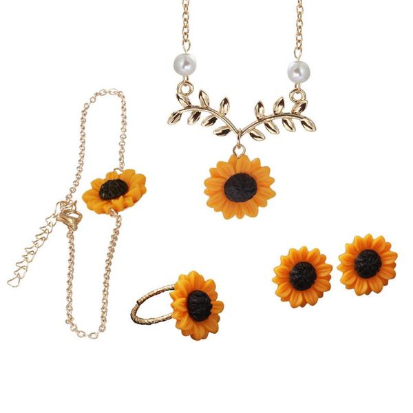 

earrings & necklace 2021 jewelry combination for women ladies trend sunflower leaves four-piece bracelet ring set 3.15, Silver