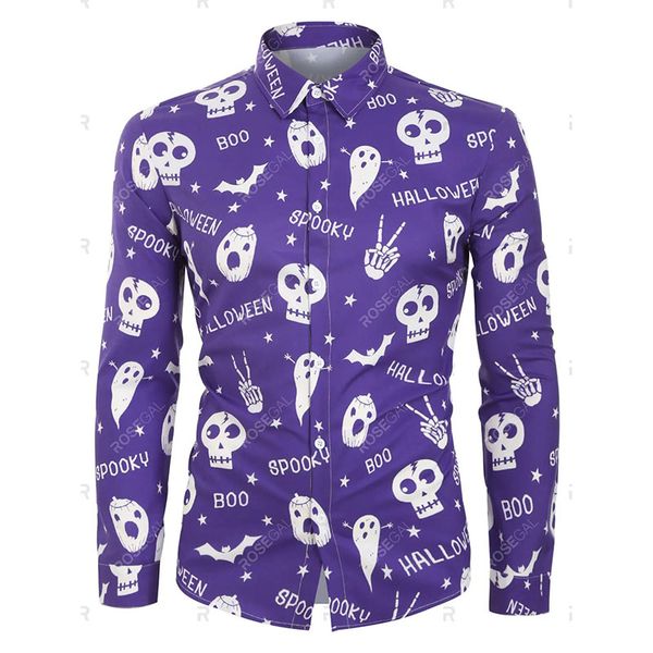 

halloween men's cartoon skull print long sleeve shirt, White;black