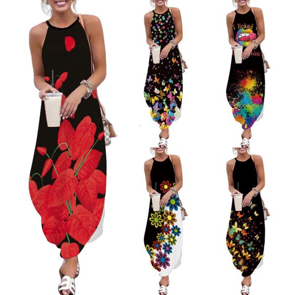 

summer women's fashion suspender printed beach skirt dress, Black;gray