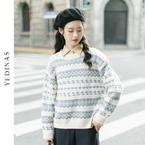 

yedinas autumn winter jacquard sweater pullover women vintage long sleeve knit for sweet o neck jumper ladies chic 210527, White;black