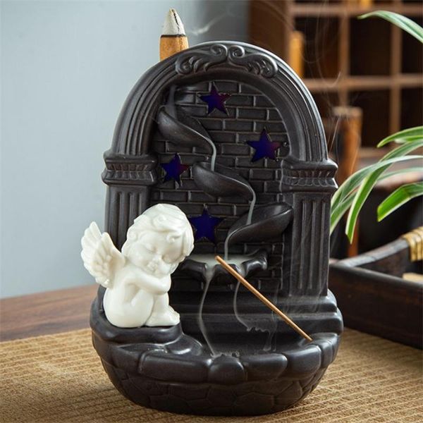 

ceramic beautiful angel backflow incense burner with led light smoke waterfall cones holder home decor aroma censer gift fragrance lamps