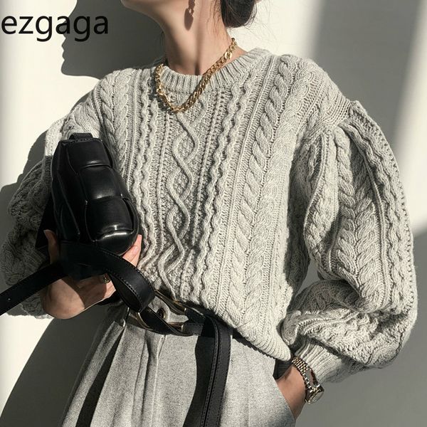 

ezgaga sweater jumper women korean chic autumn winter o-neck lantern sleeve oversize outwear warm pullover thick lady knit 210430, White;black