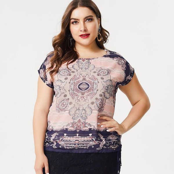 

plus size t-shirt 2021 summer women's short sleeve printed chiffon fashion retro ladies mom clothes 4xl 5xl 6xl, Black