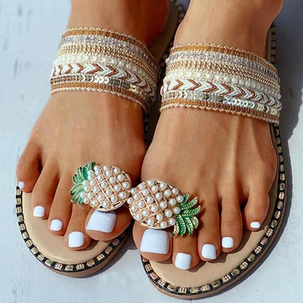 

slippers pineapple pearl women 2021 summer sandals beach bohemia flip flops casual flat shoes femme pantoufles sandalias, Black