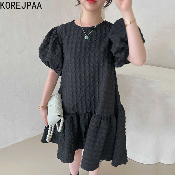 

korejpaa women dress summer korean all-match round neck stand collar texture design loose ruffled doll puff sleeve vestido 210526, Black;gray