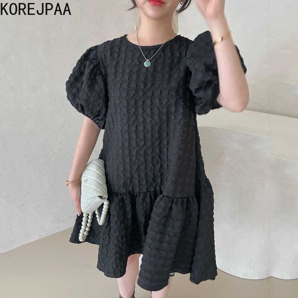 Korejpaa Abito da donna estivo coreano tutto-fiammifero girocollo colletto alla coreana design texture allentato increspato bambola manica a sbuffo Vestido 210526