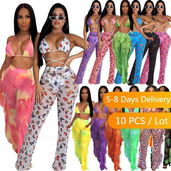 

women's swimwear bulk items wholesale lots summer 3 piece bikini set women tie dye plus size sets beachwear crop sheer ruffles pant, White;black