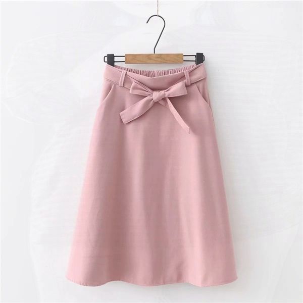 

elegant women skirt high waist pleated knee length skirt vintage a line big bow skirts 210419, Black
