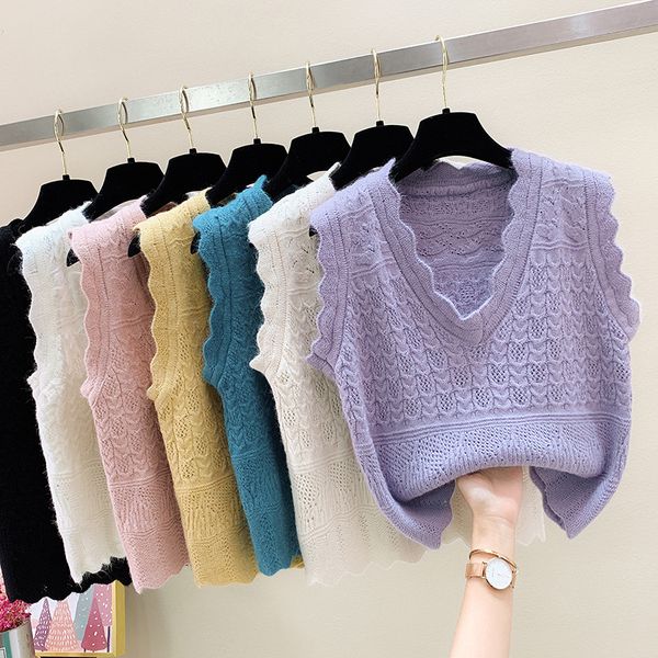 

wave edge v-neck versatile sweater women's 2021 autumn and winter solid color knitted vt korean style top, Black;white