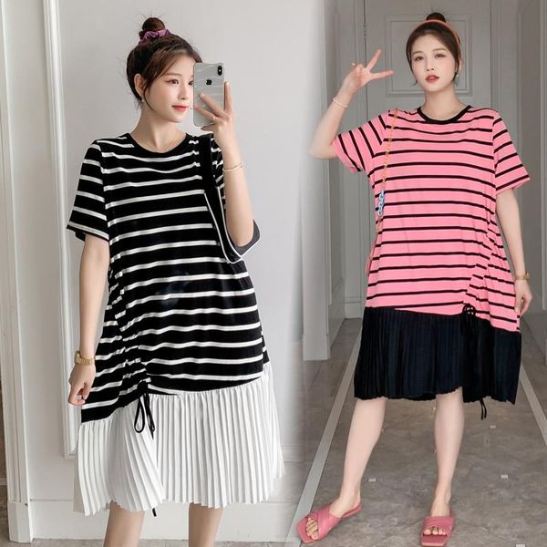 

maternity dresses 6617# summer fashion striped patchwork long dress large size loose tees clothes for pregnant women pregnancy clothing, White