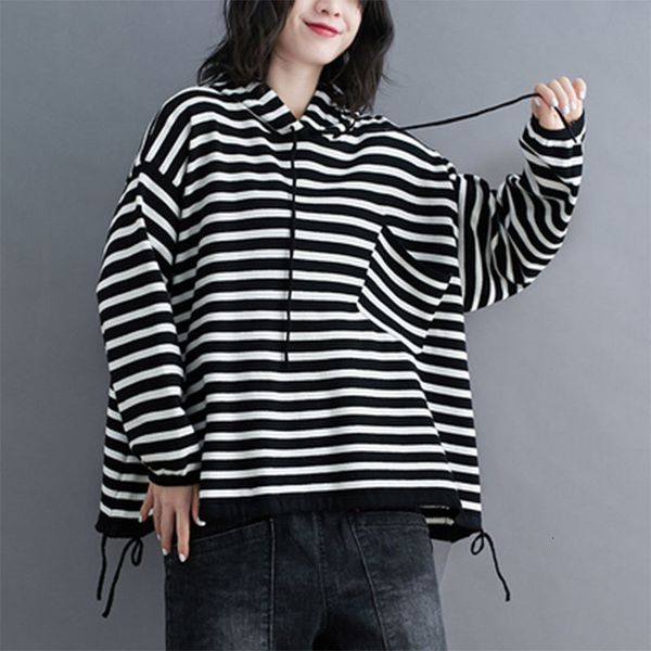 

women's hoodies & sweatshirts autumn korea fashion women long sleeve loose pullovers hoodie cotton knitted casual striped hooded big si, Black