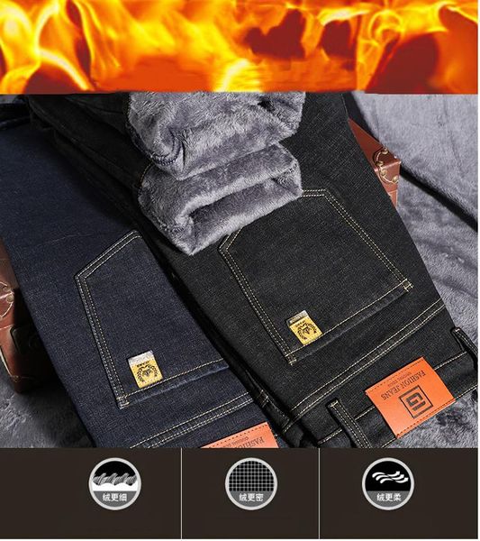 

men's jeans 2021 classic plus velvet thick winter straight loose warm long pants stretch lock temperature business casual, Blue