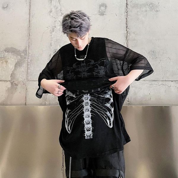 

street men loose skeleton printing transparent fake 2-piece handsome short-sleeved t-shirt shirt skateborad t men's t-shirts, White;black